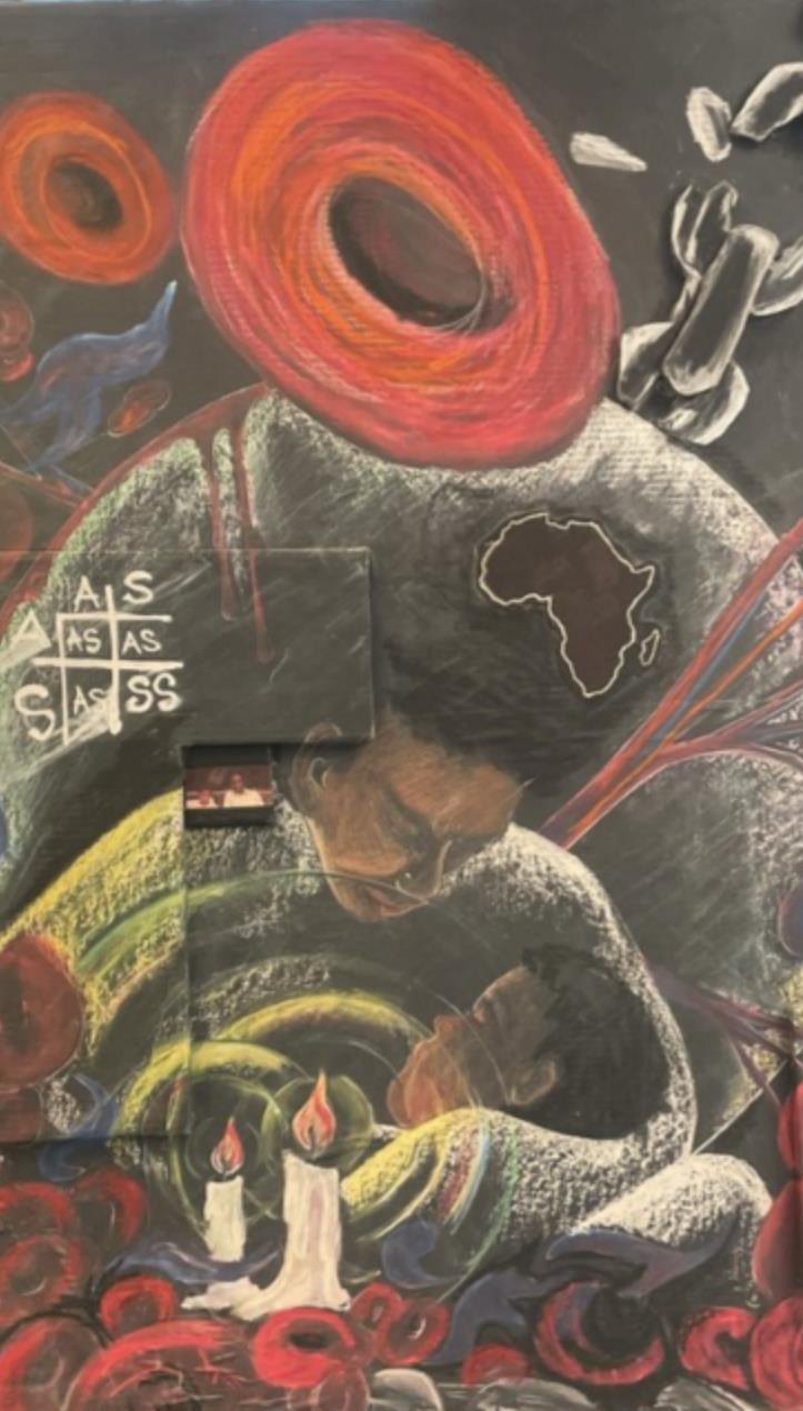 Painting by Hertz Nazaire: a parent bending over a child in bed, with a Punnett square showing AS and SS inheritance, an outline of Africa, lit candles, and red blood cells